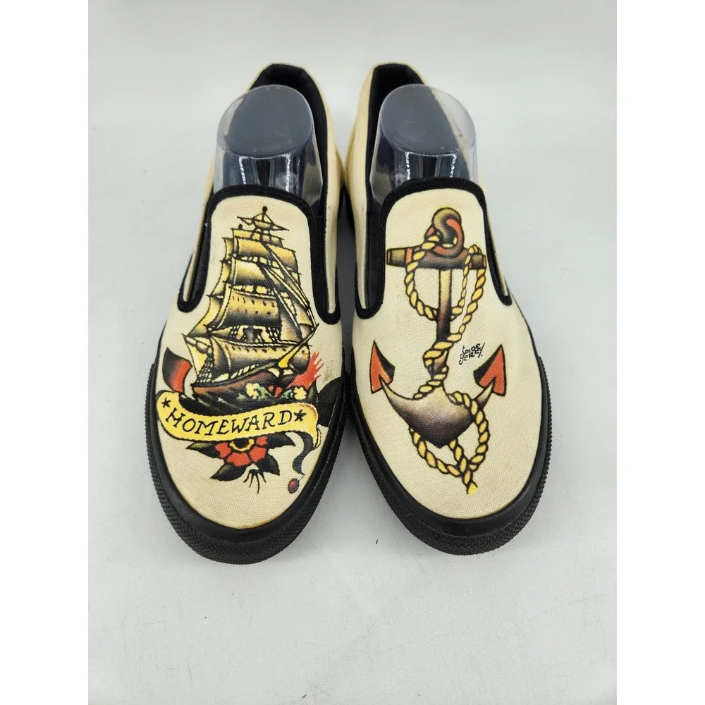 Converse Sailor Jerry Slip On Skidgrip Shoes Mens 10 Cream Tattoo Design Anchor